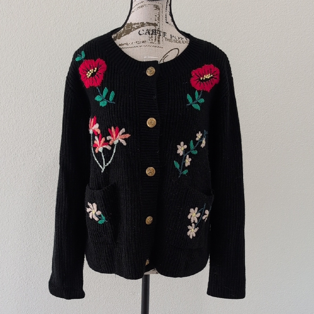 Moth Black Cardigan with Floral Embroidery
